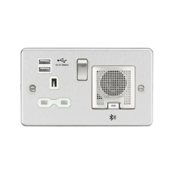 Flat Plate 13A socket, USB chargers (2.4A) and Bluetooth Speaker - Brushed chrome with white insert - Knightsbridge