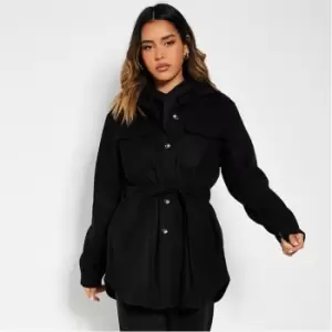 I Saw It First Faux Wool Belted Shacket - Black