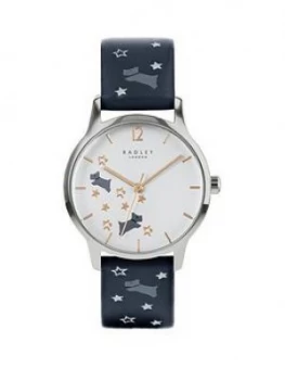 Radley Blue With Rose Gold And Grey Detail Dial Blue Star And Dog Print Leather Strap Ladies Watch