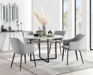 Adley Grey Concrete Effect Round Dining Table & 4 Calla Black Leg Velvet Chairs