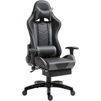 High-Back Gaming Chair Swivel Home Office Computer Racing Gamer Recliner Chair Faux Leather with Footrest, Wheels, Black Grey - Homcom