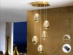 Roc Integrated LED 5 Light Dimmable Crystal Cluster Drop Ceiling Pendant with Remote Control Gold