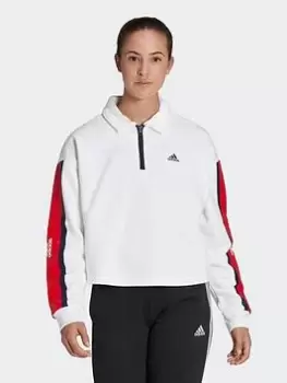 adidas Essentials Pinstripe Block Fleece Rugby Sweatshirt, White, Size S, Women