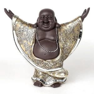 Brown and Silver Chinese Laughing Buddha with Hands Up