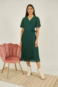 Green Pleated Wrap Over Dress