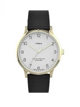 Timex Timex Waterbury White And Gold Detail 36Mm Dial Black Leather Strap Watch