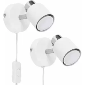 2 x White & Chrome Adjustable Ceiling / Wall Spotlights With Plug, Cable & Switch - No Bulbs