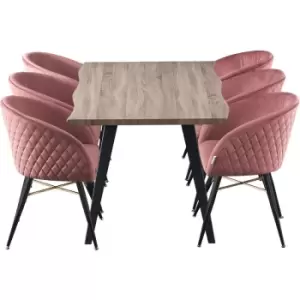 Life Interiors - 7 Pieces Vittorio Rocco Dining Set - a Walnut Rectangular Dining Table and Set of 6 Pink Dining Chairs - Pink