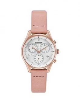 Citizen Eco-Drive White And Rose Gold Detail Chronograph Dial Pink Leather Strap Ladies Watch
