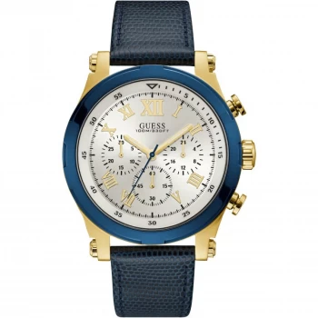 GUESS Gents gold chrono watch with blue trim & leather strap