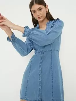 Dorothy Perkins Denim Frill Mini Dress - Mid Wash, Blue, Size 16, Women