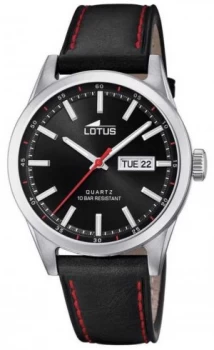 Lotus Mens Black Leather Strap Red Stitching Black Dial Watch