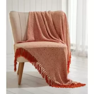 Throw Blanket with Geometric Pattern, Terracotta Orange, 130 x 170cm - Multi - Portfolio