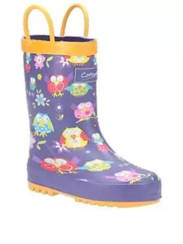 Cotswold Girls Owl Wellington Boots, Purple, Size 8 Younger