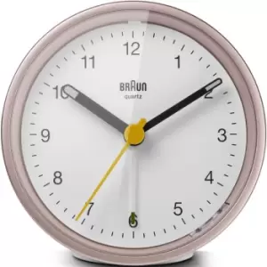Braun Classic Analogue Alarm Clock with Snooze and Light, Quiet Quartz Movement, Crescendo Beep Alarm in White and Rose, model .