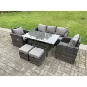 Fimous - Dark Grey pe Wicker Rattan Garden Furniture Set 3 Seater Lounge Sofa Reclining Chair Outdoor Rectangular Dining Table With 2 Stools 7 Seater