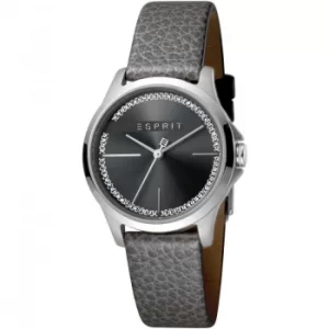 Esprit Joy Womens Watch featuring a Grey Leather Strap and Black With Stones Dial