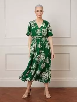 Wallis Floral Jacquard Balloon Sleeve Midi Dress - Green, Size 16, Women