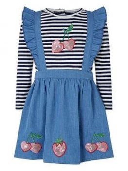Monsoon Baby Girls Cherry Pinny & T-Shirt - Blue, Size 6-12 Months