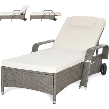Casaria - Poly Rattan Sun Lounger Cushions Adjustable Back Rest Wheels 193x90cm Beige Grey
