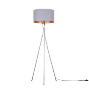 Camden Brushed Chrome Tripod Floor Lamp with XL Grey and Copper Reni S