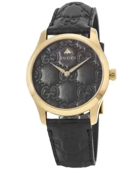 Gucci G-Timeless Gold Tone Steel Black Dial Leather Strap Womens Watch YA1264034A YA1264034A