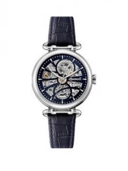 Ingersoll Ingersoll Star Navy And Silver Detail Skeleton Automatic Dial Navy Leather Strap Ladies Watch