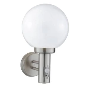 1 Light Outdoor Globe Wall Light Satin Silver with Motion Sensor IP44, E27