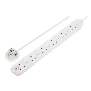 Masterplug 6 Socket 13A Switched Surge Protected White Extension Lead, 2M