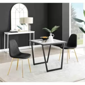 Furniture Box Carson White Marble Effect Square Dining Table and 2 Black Corona Gold Leg Chairs