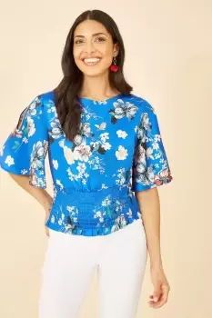 Blue Floral Satin Top With Angel Sleeves