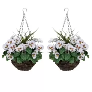 Greenbrokers Artificial White Pansy Round Rattan Hanging Basket (set Of 2)