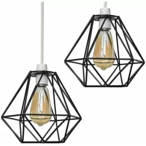 2 x Metal Basket Cage Ceiling Pendant Light Shades - Black - No Bulb