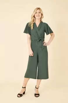 Green Wrap Over Jumpsuit With Angel Sleeves