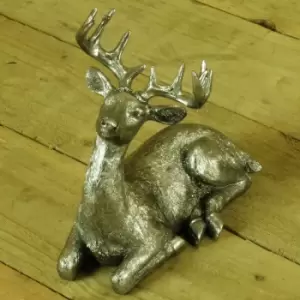 23cm Polyresin Silver Christmas Sitting Deer