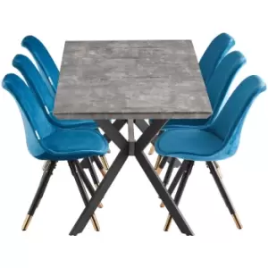 7 Pieces Life Interiors Sofia Blaze Dining Set - an Ash Extendable Rectangular Wooden Dining Table and Set of 6 Blue Dining Chairs - Blue