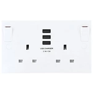 BG Twin Switched 13A Socket with 3 x USB Ports - White