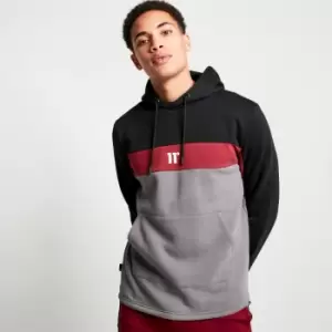 11 Degrees Cut and Sew Panelled Pullover Hoodie - Black/Pomegranate/Charcoal - L