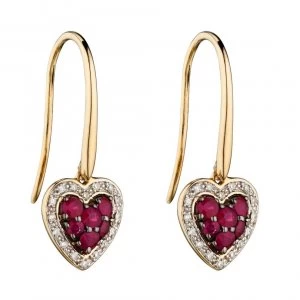 9ct Yellow Gold Earrings Ruby And Diamond Heart Drop Gold Earrings GE2284R