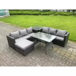 7 Seater Rattan Garden Dining Set Outdoor Furniture Sofa with Dining Table Big Footstool Side Table Dark Grey Mixed - Fimous