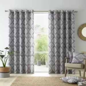 Aztec Geo Print 100% Cotton Lined Eyelet Curtains, Charcoal, 66 x 54" - Catherine Lansfield