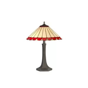 2 Light Octagonal Table Lamp E27 With 40cm Tiffany Shade, Red, Crystal, Aged Antique Brass