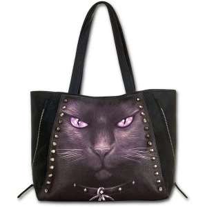 Black Cat Pu Leather Studded Tote Bag