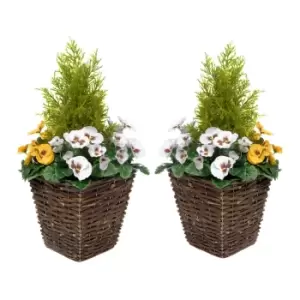 Greenbrokers Artificial Yellow & White Pansy Rattan Patio Planters 60Cm/24In (set Of 2)