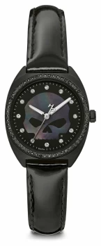 Harley Davidson Womens Crystal Willie G Skull Black Dial Watch