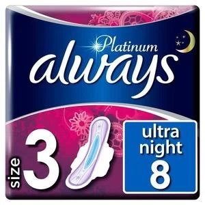 Always Platinum Night Size 3 Sanitary Towels Wings Pads x8