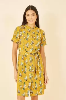 Mustard Crane Print Shirt Dress