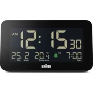Braun Digital Alarm Clock with Date, Month and Temperature Displayed, Negative LCD Display, Quick Set, Crescendo Beep Alarm in Black, model .