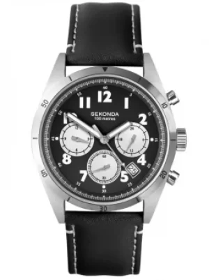 Sekonda Mens Classic Dual-Time Black Dial Leather Strap Watch 1742