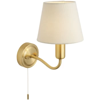 Endon Conway Classic Wall Lamp Satin Brass with Ivory Tapered Shade & Pull Cord Switch, IP44